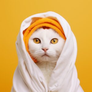 Cat wrapped in towel after cleaning, symbolizing pet-friendly house cleaning in Olympia, WA
