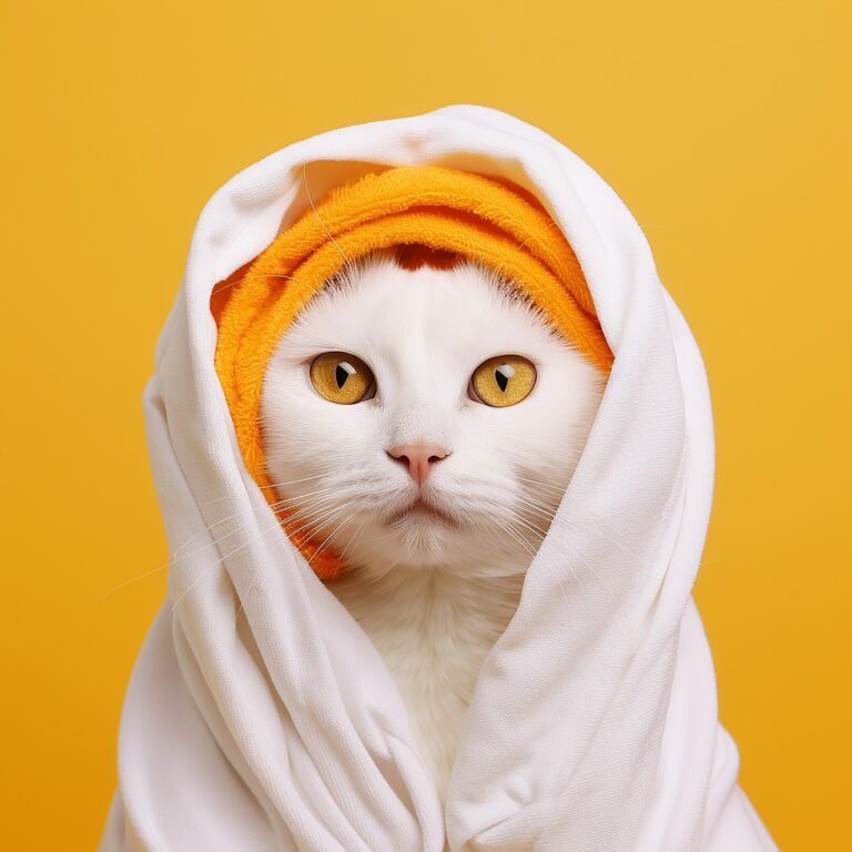 Cat wrapped in towel after cleaning, symbolizing pet-friendly house cleaning in Olympia, WA